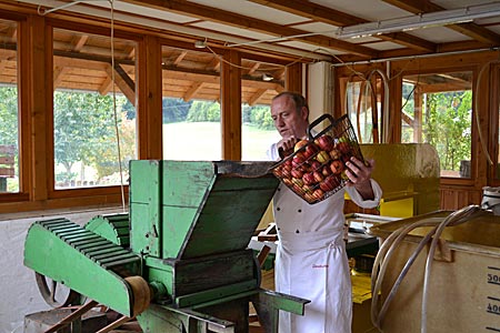 Odenwald - Der Apfelwein-Professor bei der Arbeit: Peter Merkel füllt Äpfel in seine alte Pressmaschine