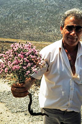 Griechenland - Kalymnos - Taxifahrer Stavros mit einem Strauß frischer Kräuter und Blumen